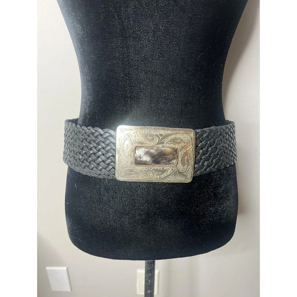 Motif 56 Wide Braided Leather Belt With Silver Buckle Vintage Medium